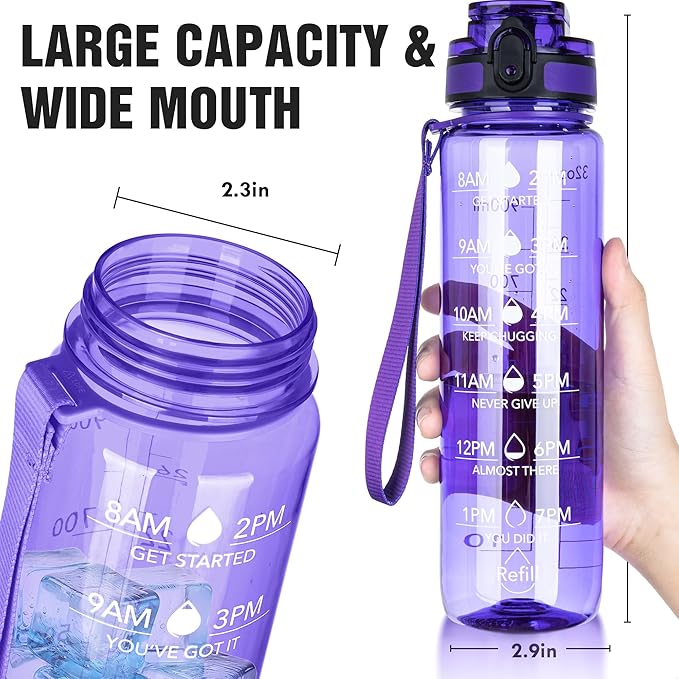 OLDLEY Water Bottle, 32oz Motivational Sports Water Bottle with Time Marker - Times to Drink - Tritan, BPA Free, Wide Mouth Leakproof, Anniversary Birthday Gifts for Men Women, Deep Purple (1 Bottle)
