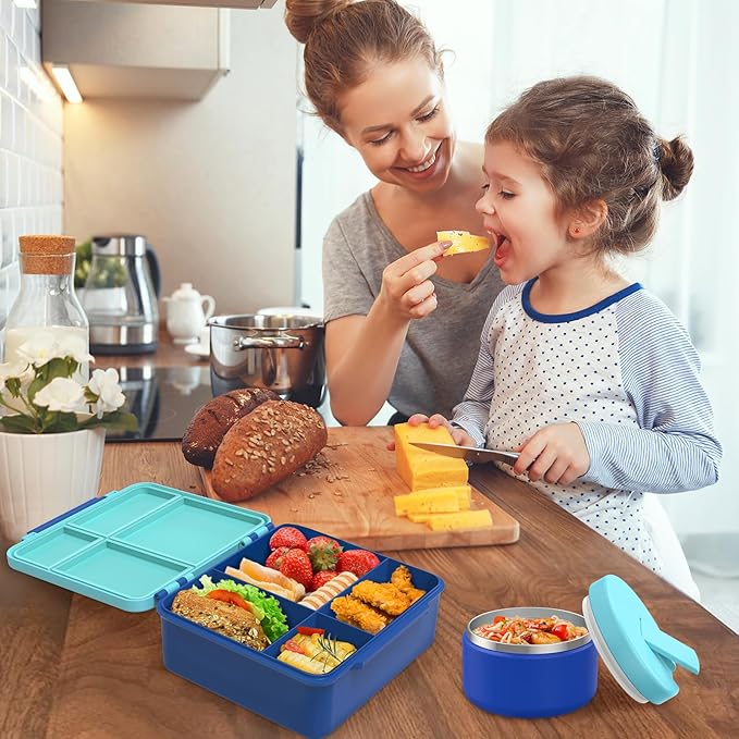 Pawtong Bento Lunch Box with 8oz Soup Thermo, Kids Leakproof Lunch Food Containers with 4 Compartment, Kids Thermo Insulated Hot Food Jar for School, Trvael(Blue