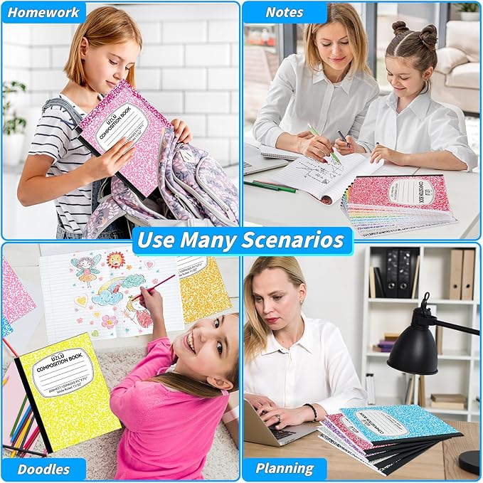 UZLU 36 Pack 9.75 x 7.5 in Large Composition Notebooks Bulk 12 Color Wide Ruled Composition Books Marble Journal Notebook 60 Sheets per Book for Aldult Student College Office Back to School Supplies
