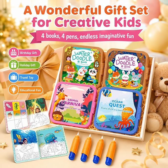 Water Painting Book for Kids 4 Pack - Reusable Magic Water Coloring Books with 4 Water Pens, 36 Pages Mess-Free Art Activity Toys for Toddlers Ages 3-5, Travel Toys Educational Learning Gifts