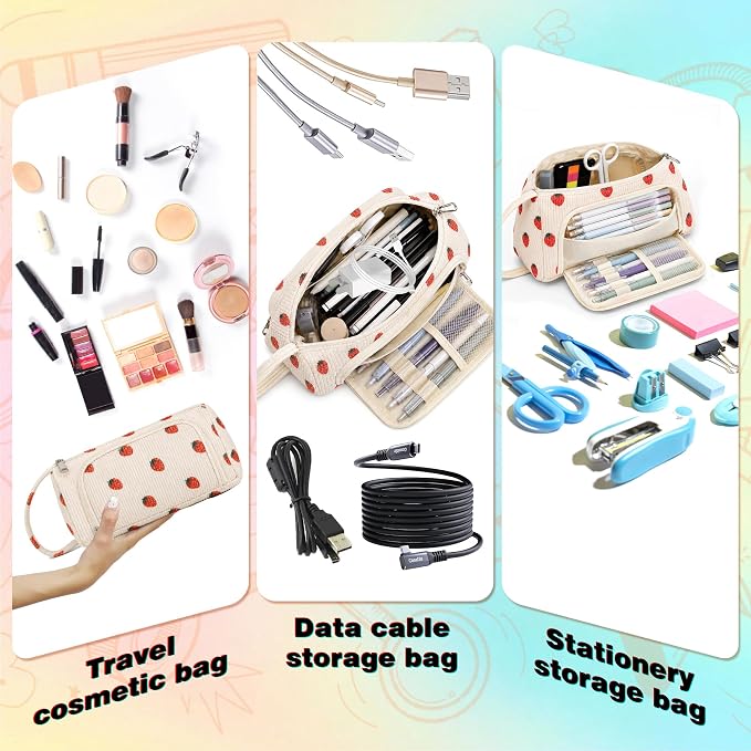 Big Capacity Pencil case,Soft Corduroy Pencil Bag with 3 Compartment Pouch Bag for School Supplies Office for Teen Girls Boys Women Man (Strawberry)