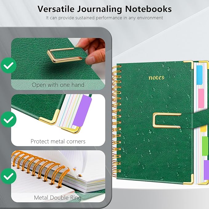 Hardcover Spiral Notebook College Ruled, 6.2"x 8.2" Leather Journal Notebook with Magnetic Closure, 300 Pages 5 Subject Notebook with Dividers Tabs Journal for Women Men, Work, School(Green)