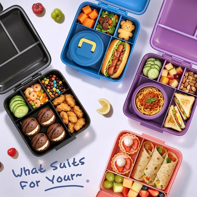 JXXM Bento Lunch Box for Kids With 8oz Soup thermo,Leak-proof Lunch Containers with 5 Compartment,thermo Food Jar and Lunch Bag, Food Containers for School (Purple Unicorn)