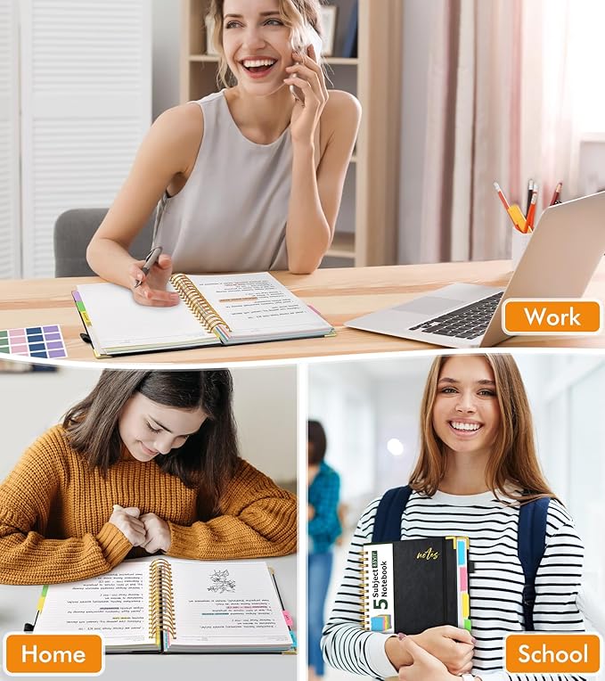 Hardcover Spiral Notebook Journal 8.5" x 11" Leather 5 Subject Notebook with Removable Dividers Tabs, 300 Pages Organizer Notebooks for Work School, College Ruled, Large Lined Journal for Women,Black