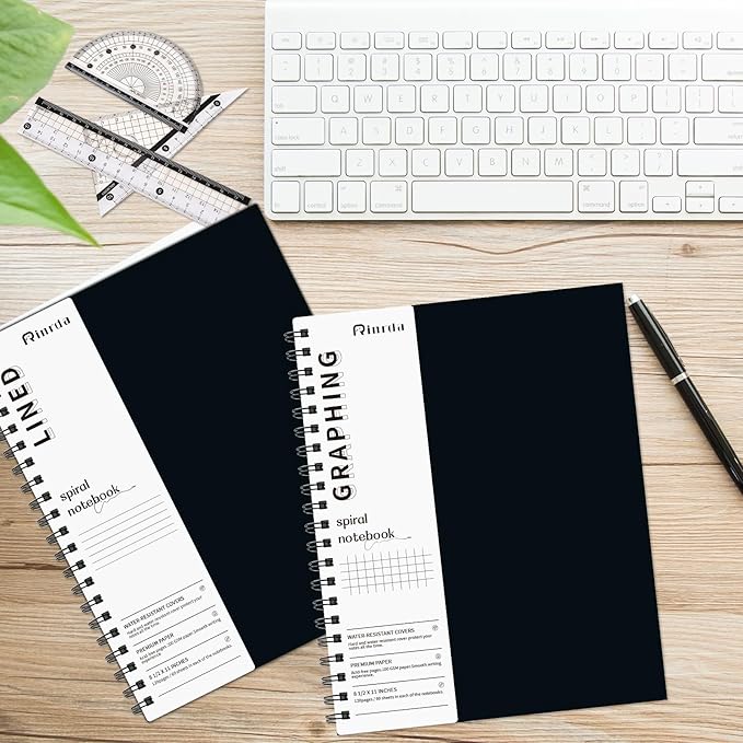 Black Spiral Notebook 8.5" x 11"-4 Pack Graph&Lined Hardcover notebooks
