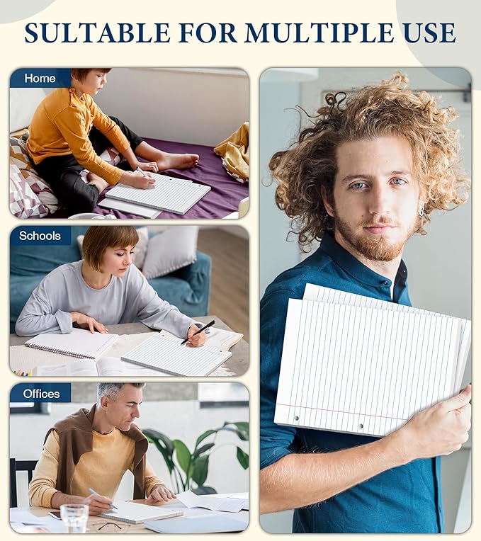 Wide Ruled Loose Leaf Paper, 200 Sheets Notebook Paper, Filler Paper 8.5 x 11 Wide Ruled Paper, 3 Hole Punch Binder Paper,Lined Paper for 3 Ring Binders, Writing Paper with Lines