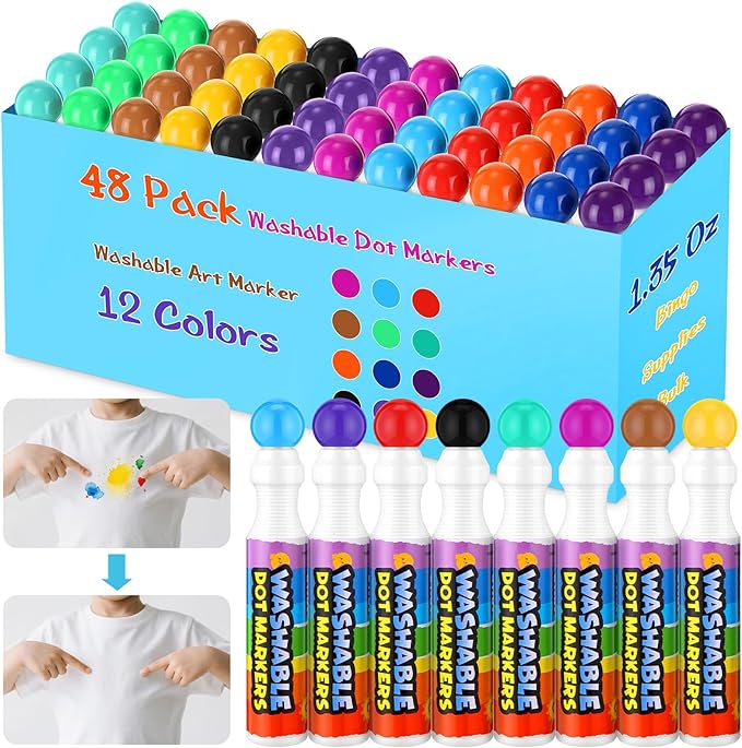 Crtiin 48 Pack Washable Dot Markers for Toddler Kids 1.35 oz Large Dauber Marker Supplies Bulk Washable Art Marker 12 Colors, Kid Painting Drawing Coloring Supplies, Paint Craft Preschool Learning
