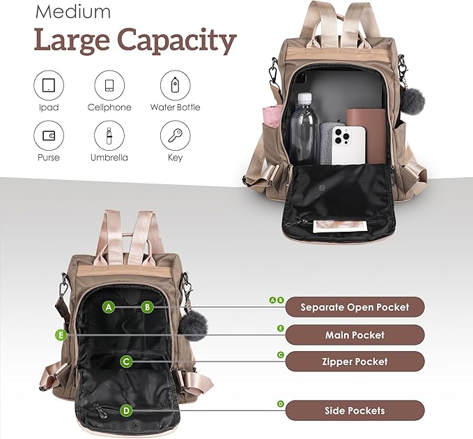 PINCNEL Women Khaki Medium Backpack Purse Waterproof Nylon Anti-theft Rucksack Lightweight Shoulder Bag