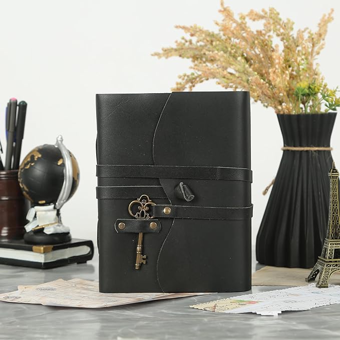 Leather Journal with Deckle Edge Paper 8x6 inch and Vintage Key | Handmade Writing Notebook Diary | Bound Daily Notepad for Men & Women Medium, Sketch/Writing pad for Artists