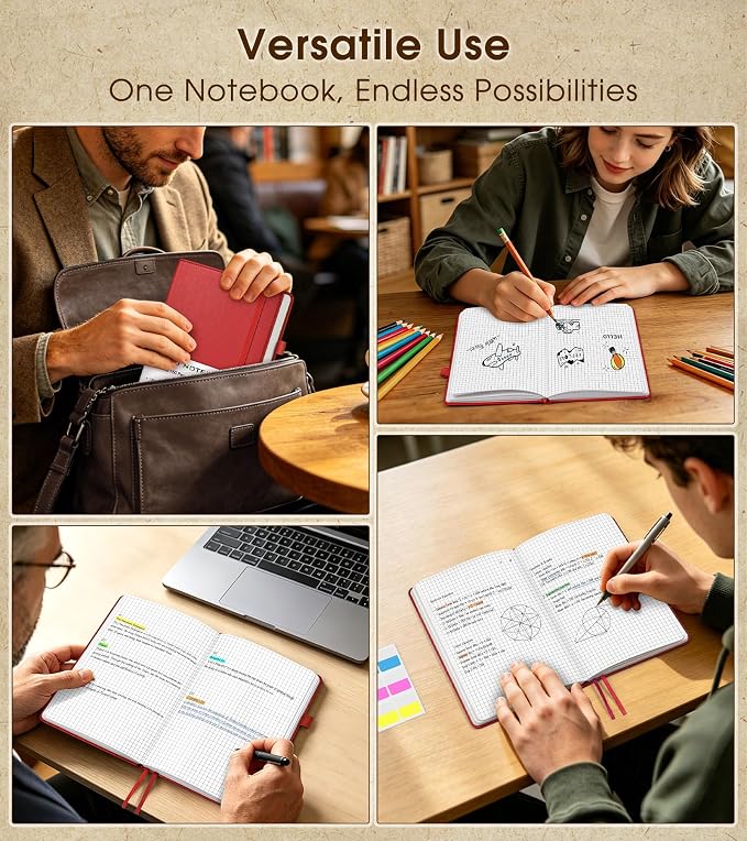 A5 Leather Hardcover Graph Paper Notebook, 160 Pages (5 Squares/Inch), 180° Lay-Flat Binding, 100 GSM Thick Paper, for Math, Engineering, Students & Technical Work (Wine Red)