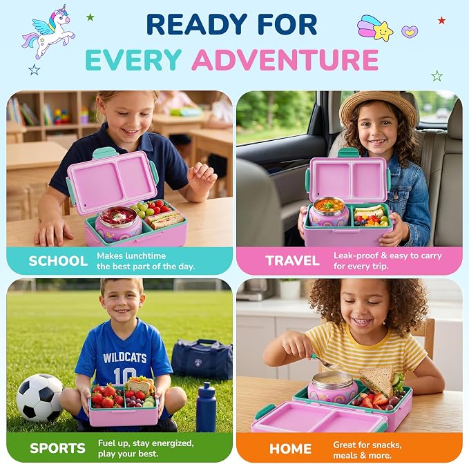 Bento Lunch Box for Kids–3 Compartment Leak Proof Insulated Lunch Container | Unicorn Design Lunch Box-With 12oz Stainless Steel Food Soup Jar & Built-in Ice Pack Bento Box for Boys Girls School Travel