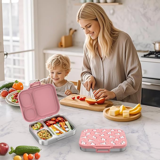 LOHASOK Stainless Steel Kid Lunch Box, Leak-Proof with free sealing Bento Box 3 Compartments Pink Girl