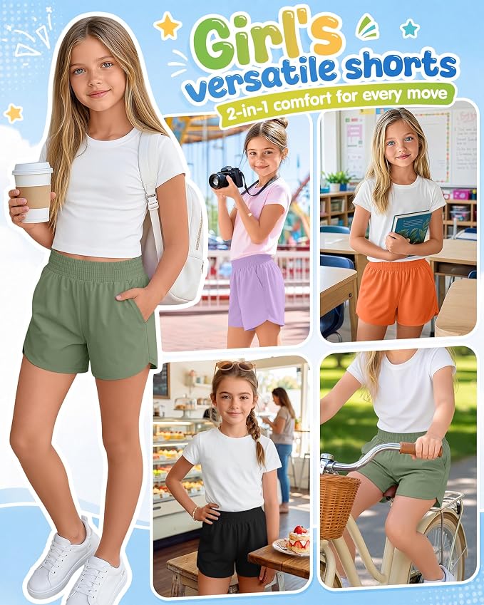 4 Pack Girls Athletic Shorts 2 in 1 Quick Dry High Waist Tween Shorts with Liner Kids Back to School Running Shorts