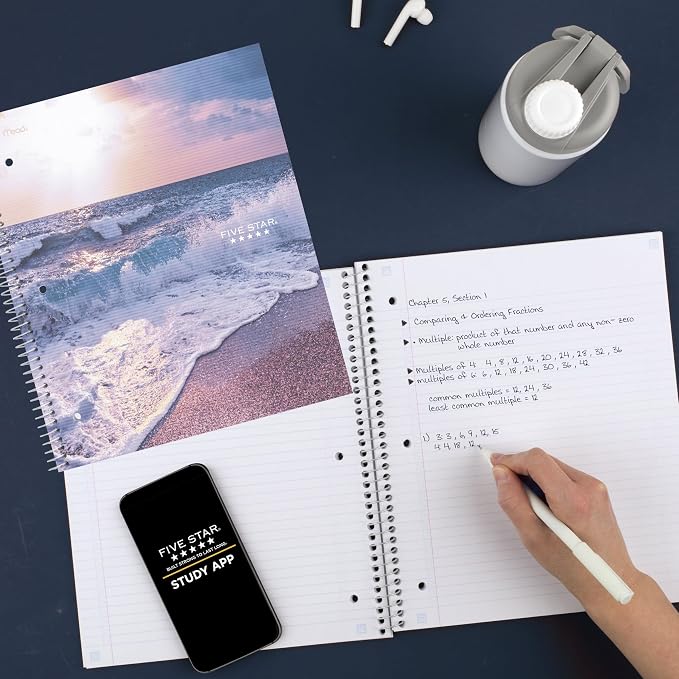 Five Star Spiral Notebook + Study App, 1 Subject, College Ruled, 8-1/2" x 11", 80 Sheets, Fights Ink Bleed, Water Resistant Cover, Ocean Tide (820443F-ECM)