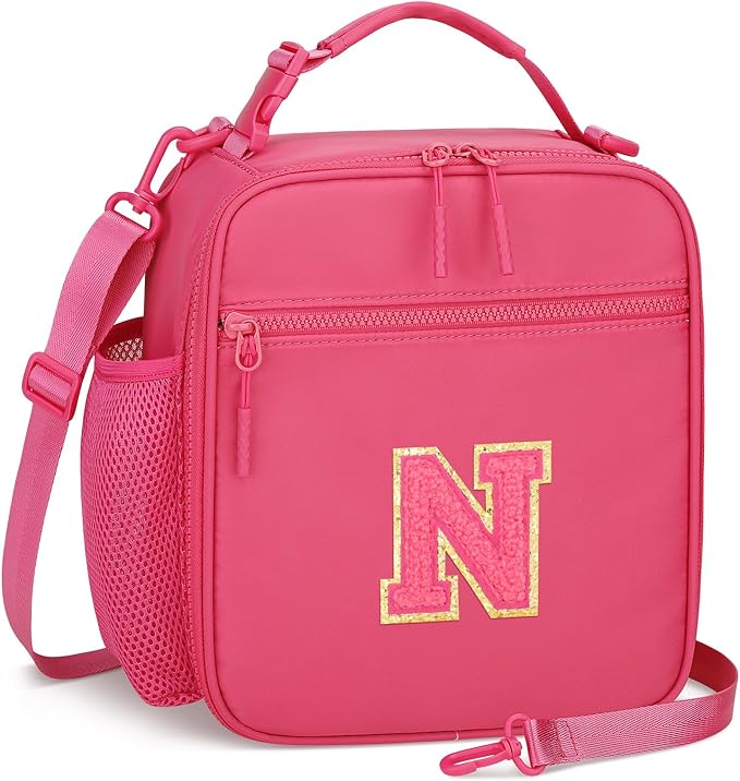 Initial Insulated Lunch Bag for Girls Kids, Back to School Gift, Reusable Leak-proof Lunch Box with Adjustable Strap for School Daycare Travel Picnic (Rosy Red,N)