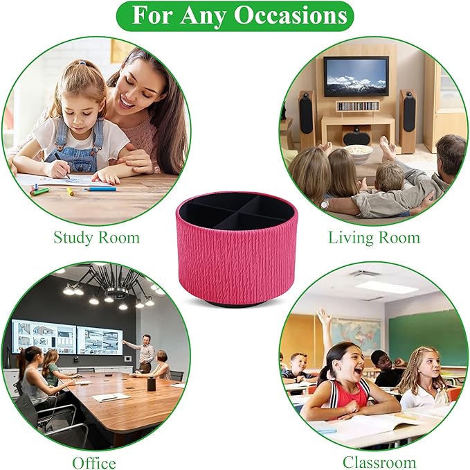 Round Leather Art Supply Organizer,Remote Control Holder,360 Degree Spinning,Multi-Functional Pencil Holder,4 Compartments Desktop Stationary Organizer(1-Vertical Wood Red)