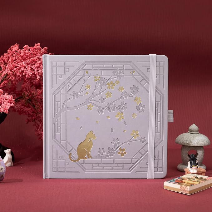 TIEFOSSI Square Dotted Journal, Cute Cat Journal for Women Girls, Dot Notebook with Pretty Sakura Pattern, Aesthetic Diary for Writing Journaling Drawing, Golden Edges, 8 x 8 IN