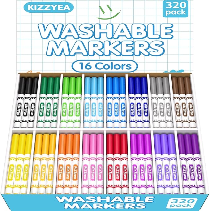 KIZZYEA Washable Markers Bulk for Kids, 320 Count, 16 Assorted Colors, Broad Line Coloring Markers for School, Classroom Supplies for Teachers, Student Art Supplies & Back to School Crafts