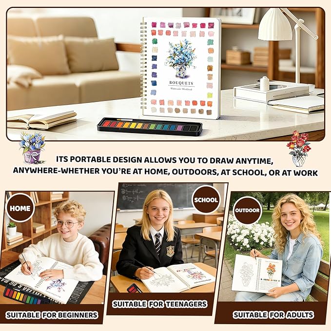 Watercolor Workbook for Beginners - Complete Watercolor Painting Kit with 12 Color Paint Set & Brush | Step-by-Step Art Book for Adults, Hobby Gift for Friends