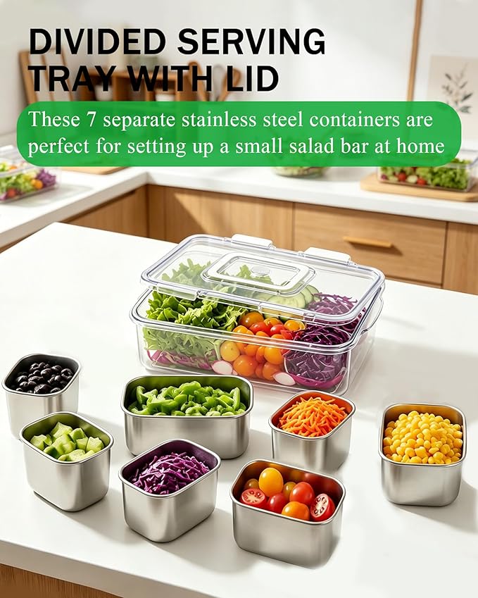 Snackle Box Container, 7-Compartment Stainless Steel Snack Box, Dishwasher Safety Snack Tray with Lid and Handle, Large Divided Serving Tray for Travel, Picnic, Beach, Pool and Parties