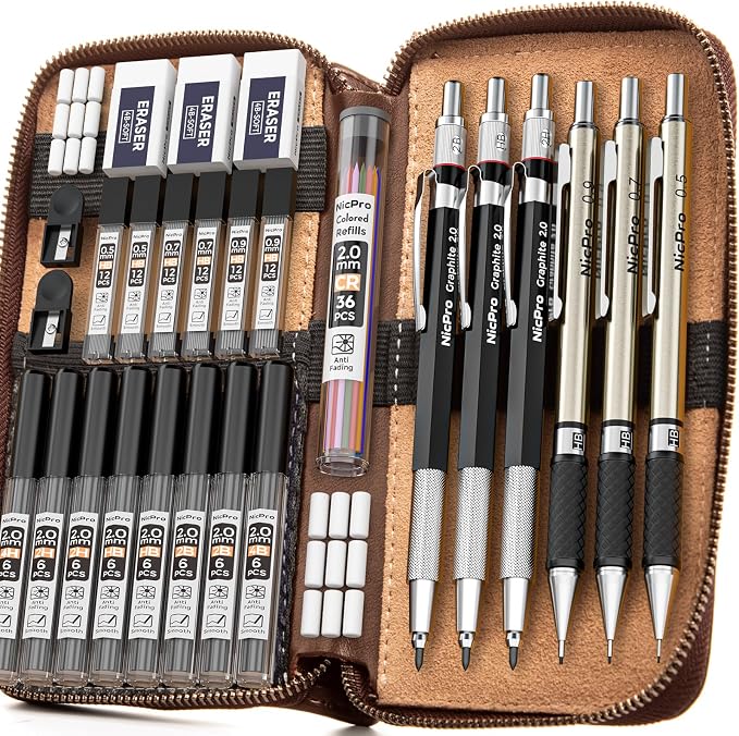 Nicpro 30PCS Art Mechanical Pencil Set in Leather Case | Metal Drafting Pencil 0.5/0.7/0.9 & 3×2mm Lead Holders for Sketching Drawing With 252 (6B 4B 2B HB 2H 4H Colors) Lead Refills