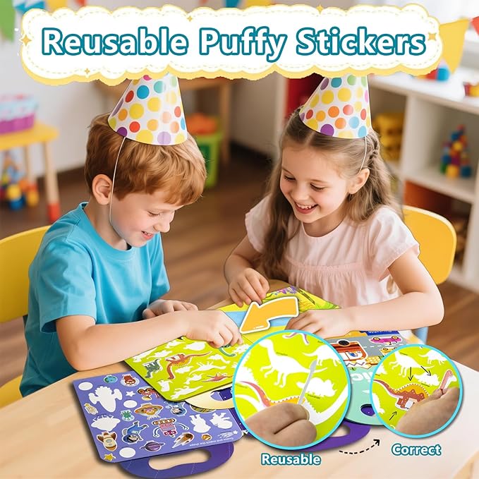 Reusable Sticker Books for Toddlers 1-3, Puffy Stickers Book for Kids Ages 2-4, Toddler Travel Essential Activities Toys for Boy Girl Birthday Christmas - Vehicle, Space and Dinosaur (3 Set)