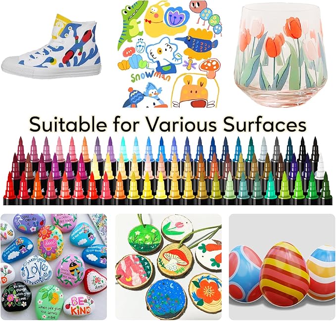 Recheel 30 Colors Acrylic Paint Markers, Dual Tip Fine and Brush Tips for Detailed Art, Crafting, Rock Painting, Wood, Glass, Ceramic, and More