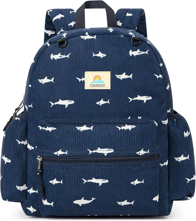 STEAMEDBUN Corduroy Kids Backpack for Girls and Boys 5-8: Girls Backpack for Elementary Kindergarten - 15 inch Cute Backpacks for Kids - Blue Shark