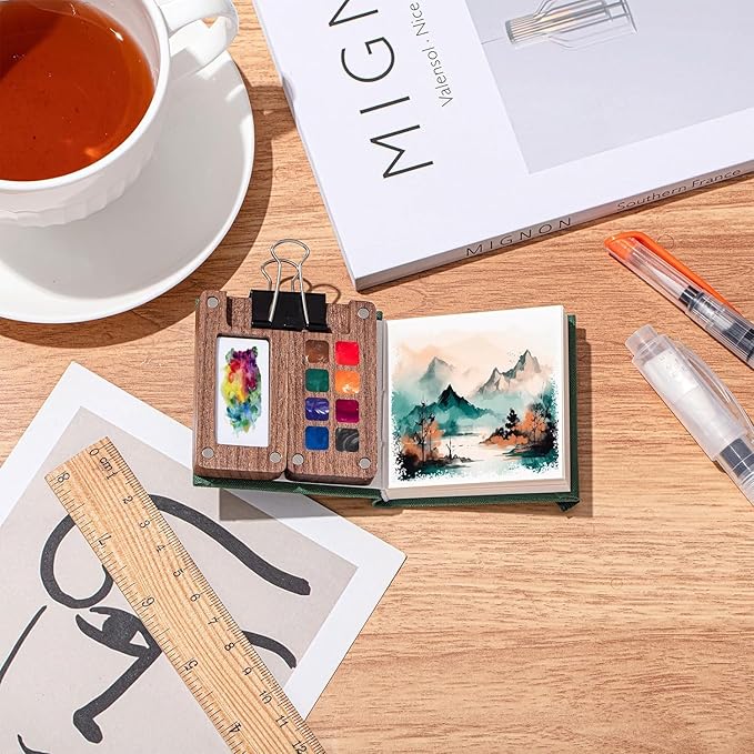 Mini Watercolor Paint Set Portable, Travel Grid Paint Palette Box with Binder Clips Include 24 Colours, Brush*3 and Picture Album Art Materials Coloring Markers for Travel, Creative Drawing Kit for Beginners and Art Enthusiasts