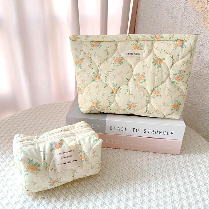 Sminra 2 Pieces Floral Makeup Bag, Cute Travel Quilted Pouch Cosmetic Bag Organizer, Small Cotton Coquette Aesthetic Purse Toiletry Bag for Women Girls accessories (2PCS-Beige Floral)