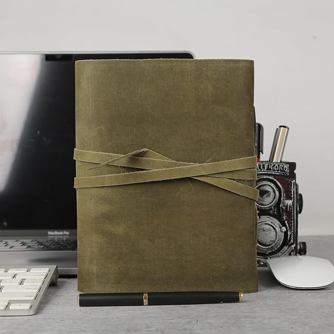 KomalC Handmade Leather Journal 7x5 Inch | Green Vintage Notebook with Unlined Pages | Cotton Recycled Paper | Antique Travel Diary, Sketchbook, Writing Journal for Men & Women