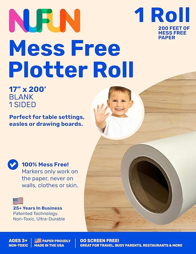 NuFun Activities Mess Free Easel Roll 17" x 200', Kids Create No Mess Wonders with Special Coloring Paper.