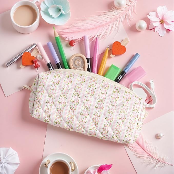 Cute Quilted Pencil Case for Girls Women, Aesthetic Small Floral Pencil Pouch,Slim Soft Pencil Bag for School Supplies Makeup Pouch for School & Daily Use (Floral Stripes)