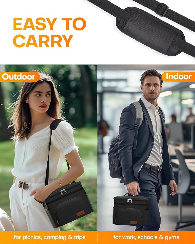 HOTOR Insulated Lunch Box Men Women Leak-Proof Cooler Lunch Bag 15L | 4 Pockets, Adjustable Strap, Ideal for Work, Picnic, Travel, Camping, Gift, Black