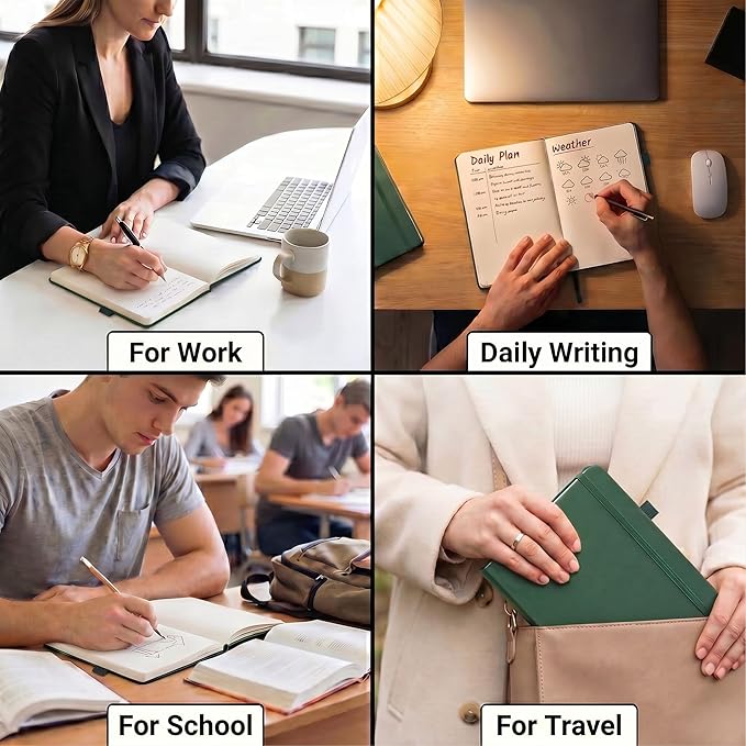 &And Per Se Dotted Journal Notebook (5 Packs), A5 Hardcover Leather Dotted Journal, 160 Pages 100 gsm Thick Paper, 3 Sheets of Stickers Included- 5.7'' x 8'' (Green