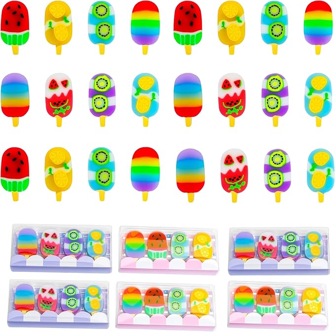 Ice Cream Erasers, 24 Pack β Cute Fruit Popsicle Shaped Pencil Erasers for Kids, Fun School Supplies, Classroom Rewards, Party Favors, Homework Prizes