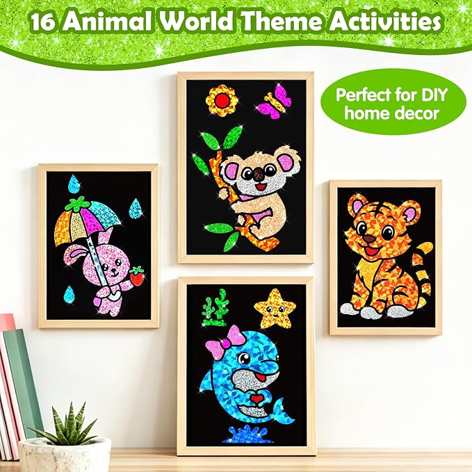 FUNNYB&G Foil Art Craft Kit for Kids 4-10 Years Old: Mess-Free & No-Glue, Create 16 Sparkly Animal World Pictures – Perfect Travel Toy & Birthday Gift for Kids (Animal World)