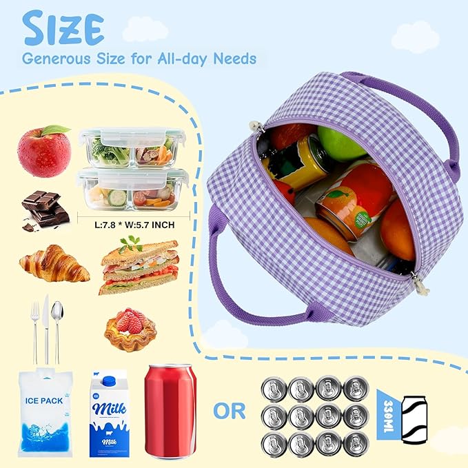 CAMTOP Lunch Box Kids Insulated Lunch Bag Large Reusable Leakproof Cooler Lunch Bags for Boys Girls School Travel Picnic (Purple and White Checkered)