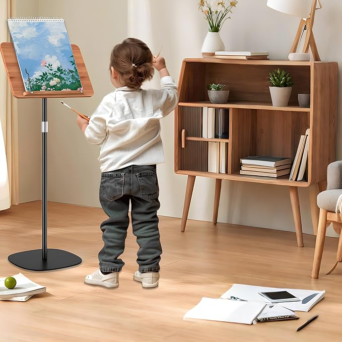 Adjustable Standing Book Stand,Book Reading Stands,Wood Music Sheet,Podium& Bible& Cookbooks Display Stands.Goodbye to Head Down Fatigue Adjustable Viewing Angle (Black, 51in)