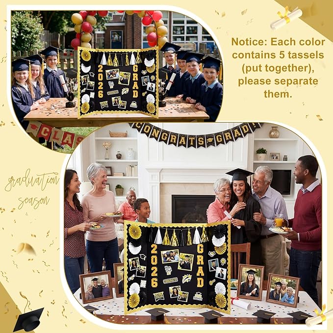 31 Pcs Graduation Photo Display Board Decoration 40"x28" Trifold Poster Board Graduation Themed Stickers Grad Fan Tassel Garland for 2026 Grad Party College Picture Frame(Black Gold Silver)