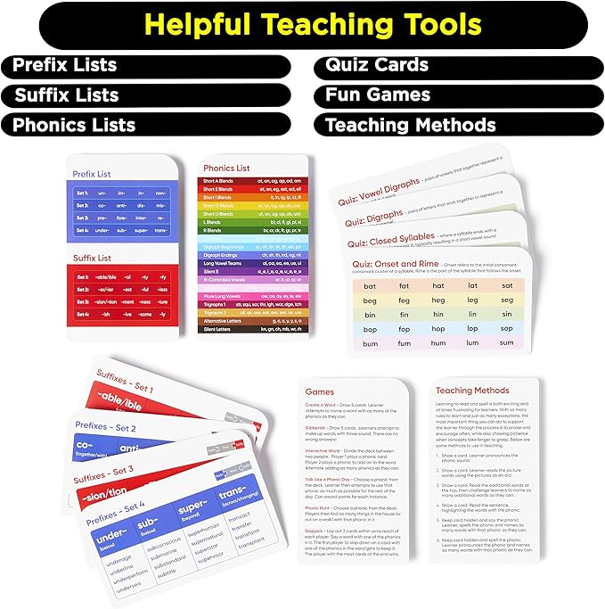 Award-Winning Phonics & Vocabulary Flash Cards (1000+ Words w/Prefixes, Suffixes & CVC) incl. Games & Visual Aids for Ages 4-8, Pre-K to 3rd Grade