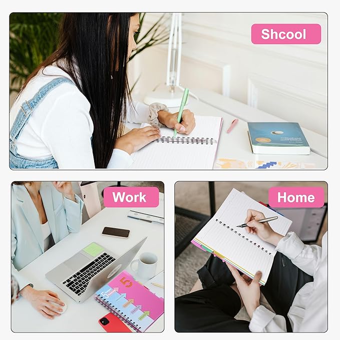 CAGIE 2 Pack 5 Subject Notebook with Dividers 220 Pages Spiral Notebooks with Tabs 6x8 A5 Spiral Bound Journal for Note Taking Work School Supplies,Pink