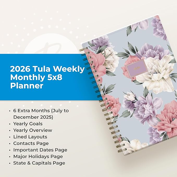 Blue Sky 2026 Weekly and Monthly Planner Calendar, January 2026 - December 2026, 5" x 8", Flexible Cover, Laminated Tabs, Durable Twin Wire Binding, Tula