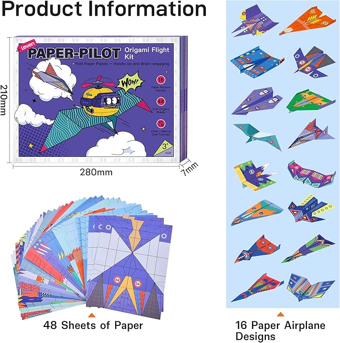 Leven DIY Paper Airplane Book, 16 Creative Folding Paper Planes with 48 Sheets of Colorful Origami Paper, Arts & Crafts Kit with Video Tutorials – Gifts for Boys and Girls Ages 3–12+ 11 * 8.3 inches