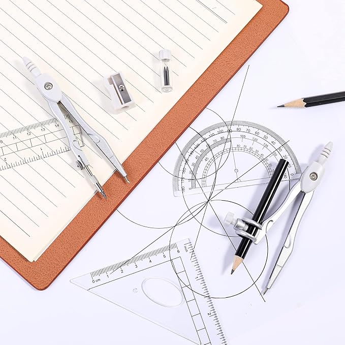 Vobou Math Geometry Kit Sets 10 Piece Student Supplies with Shatterproof Storage Box,Includes Rulers,Protractor,Compass,Eraser,Pencil Sharpener,Lead Refills,Pencil,for Drafting(White)