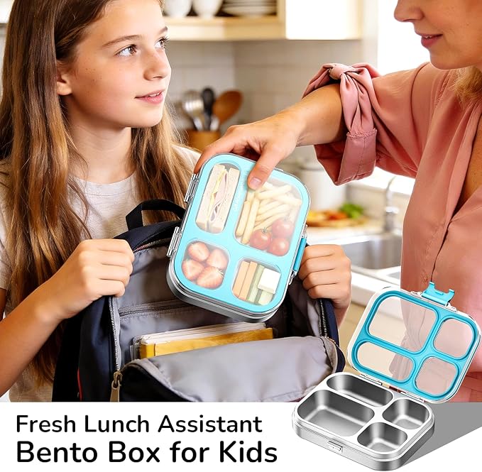 G.a HOMEFAVOR Stainless Steel Lunch Box - 4 Compartments Bento Box for Kids, Leakproof Food Container for School, Office, Dishwasher Safe, BPA-Free, 800 ml/27 oz, Blue