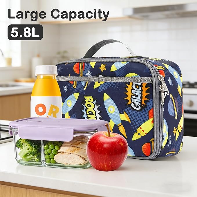 FlowFly Kids Lunch box Insulated Soft Bag Mini Cooler Back to School Thermal Meal Tote Kit for Girls, Boys, Outer Space Rocket Ships in Dark Navy Blue