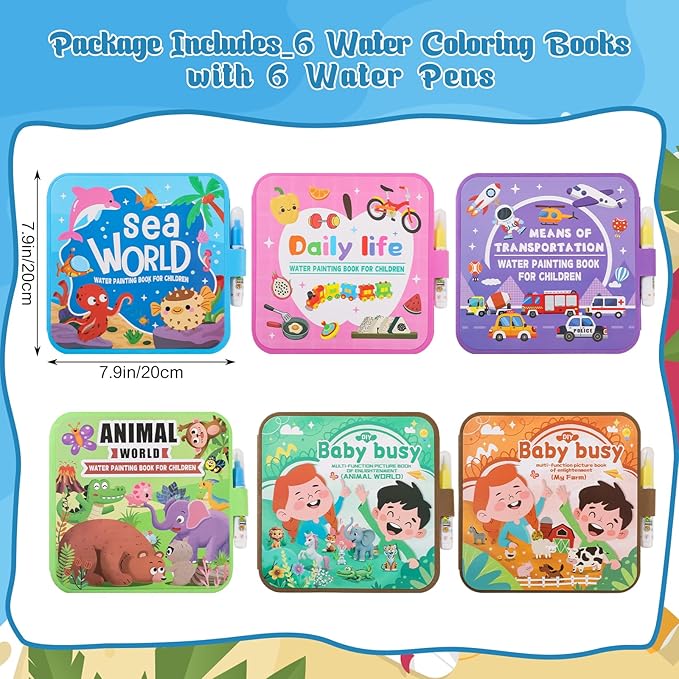 6 Pack Water Painting Book for Toddlers, No Mess Water Coloring Book 7.9x7.9in, Coloring Fun Water Drawing Books Reusable Travel Activity Toys Party Favors Classroom Rewards Gift for Kids Ages 3-6