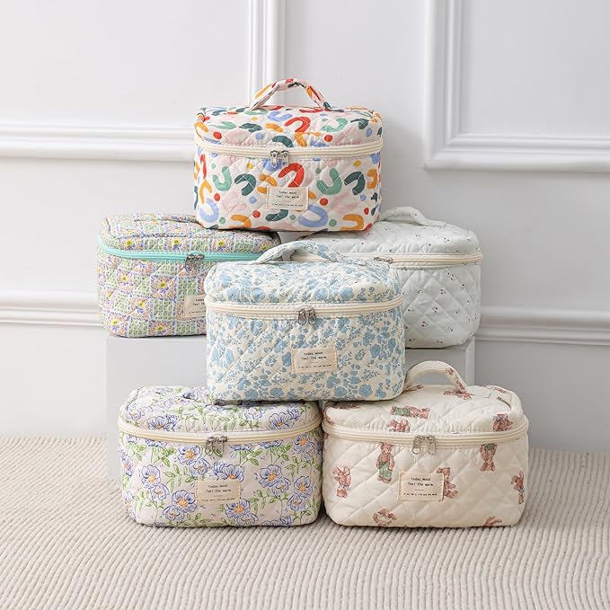 uekeboag Large Travel Quilted Makeup Bag for Women | Soft Floral Cotton Cosmetic Bag, Foldable Coquette Aesthetic Toiletry Organizer