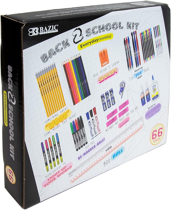 BAZIC PRODUCTS School Supplies Kit – 66 Piece Set for K–12 Students, Stationery Essentials with Colored Pencils, Markers, Pencils, Glue, Erasers, Highlighters, & Correction Tape, 1-Pack